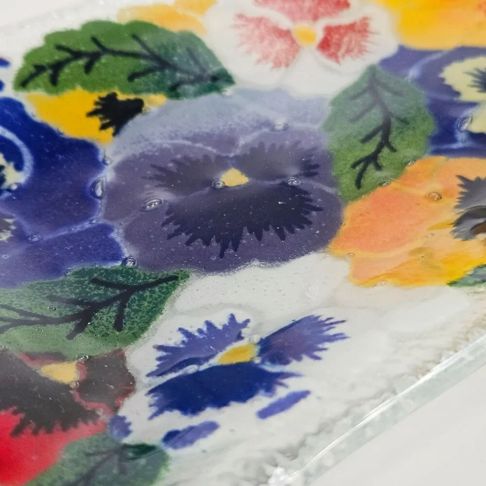 Vintage Peggy Karr Pansies Fused Art Glass Rectangular Tray | 1990s Trinket Dish
